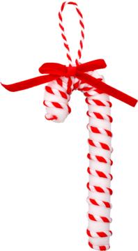 Ozdobna zawieszka Eloy laska cukrowa w biało-czerwonym designie z czerwoną wstążką, widok centralny.