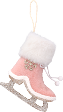 Różowa zawieszka łyżwa z białym futerkiem, srebrną śnieżynką i brokatową płozą, widok z boku.