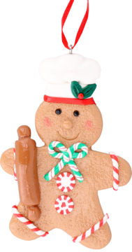 Eloy, brązowa zawieszka piernik w czapce kucharskiej, z wałkiem, zieloną kokardą i cukrowymi ozdobami.