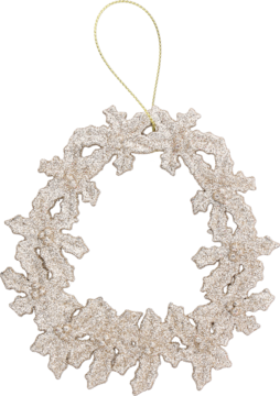 Złoty wieniec brokatowy Eloy, zawieszka z polipropylenu 12cm, kształt płatków śniegu, widok z przodu.