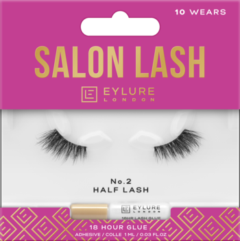 Różowo-białe opakowanie Eylure Salon Lash No.2 Half Lash, widok z przodu, z czarnymi rzęsami i klejem.