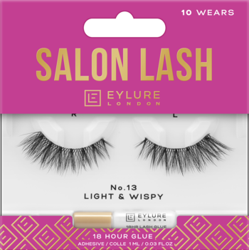 Eylure London Salon Lash No. 13 Light & Wispy rzęsy w różowym opakowaniu z klejem 18h, widok z przodu.