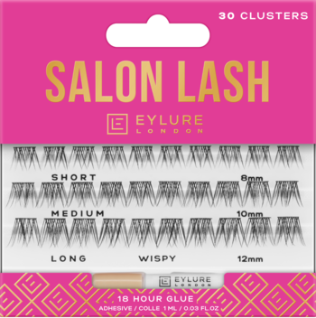 Eylure Salon Lash, 30 kępek rzęs (6, 10, 12 mm) z klejem, otwarte różowe opakowanie. Widok z przodu.