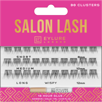 Eylure Salon Lash, 30 kępek rzęs (6, 10, 12 mm) z klejem, otwarte różowe opakowanie. Widok z przodu.