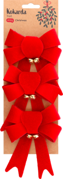 Zestaw 3 czerwonych kokard Eloy z aksamitu i złotymi dzwoneczkami, widok z przodu na brązowym opakowaniu.