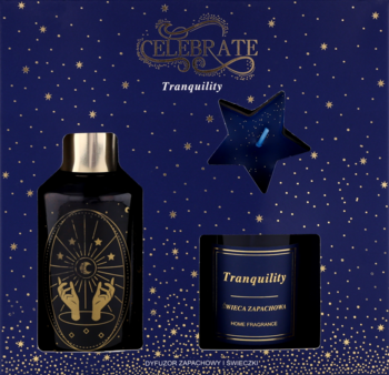 Granatowy zestaw Eloy Tranquility: czarny dyfuzor z dłońmi, mała świeca i świeca gwiazda na tle gwiazd.