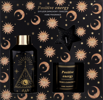 Widok z góry: zestaw "Positive Energy" dyfuzor i świeczki w czarnym pudełku ze złotymi słońcami i księżycami.