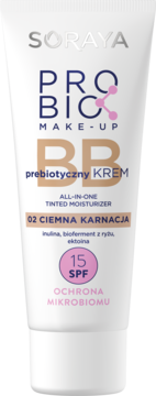 Soraya Probiotic BB Cream, SPF 15, odcień 02 Ciemna Karnacja, biała tubka, widok z przodu.