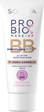 Soraya PROBIC MAKE-UP BB krem prebiotyczny 01 Jasna Karnacja z SPF 15 w białej tubce, widok z przodu.