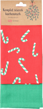 Zestaw 2 świątecznych ścierek kuchennych: czerwona w biało-zielone cukrowe laski, zielona z waflową teksturą.