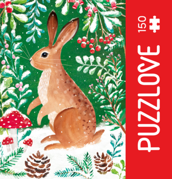 Puzzle PUZZLOVE 150: zając w śnieżnym, zimowym lesie z czerwonymi jagodami i zielonymi igliwiami, widok z przodu.