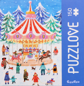 Puzzlove puzzle 150 elementów, ilustracja zimowej scenerii z karuzelą, choinkami i ludźmi na śniegu.