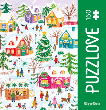 Puzzlove 150 elementów, zimowa wioska z ludźmi i zaśnieżonymi domami, widok na pudełko z góry.