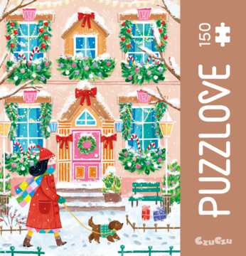 Układanka PUZZLOVE 150 elementów: urocza ilustracja zimowego spaceru z psem przed świątecznym domem.