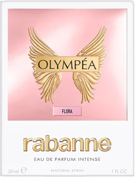 Olympéa Flora rabanne, Eau de Parfum Intense. Złote skrzydła na różowym tle, białe opakowanie. Front.