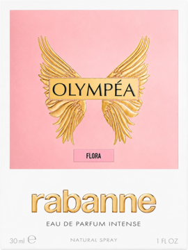 Białe pudełko Rabanne Olympéa Flora Eau de Parfum Intense, różowy panel ze złotymi skrzydłami i logo, widok z przodu.