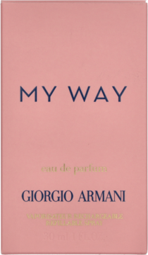 Pudroworóżowe pudełko perfum Giorgio Armani MY WAY eau de parfum 30ml, z ciemnymi i złotymi napisami, frontalny widok.
