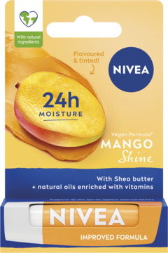 NIVEA pomadka Mango Shine, 24h nawilżenia, w niebiesko-pomarańczowym opakowaniu z mango, widok z przodu.