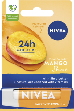NIVEA pomadka Mango Shine, 24h nawilżenia, w niebiesko-pomarańczowym opakowaniu z mango, widok z przodu.