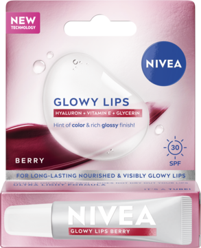 NIVEA Glowy Lips Berry, błyszczyk nawilżający z SPF 30, w różowym opakowaniu z tubką widoczną na dole.