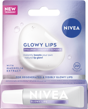 Nivea Glowy Lips w fioletowo-niebieskim opakowaniu, z tubką. Z hialuronem, witaminą E i gliceryną dla naturalnego blasku ust.