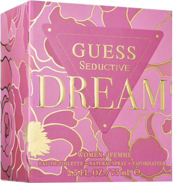 Różowe pudełko Guess Seductive Dream Eau de Toilette 75ml z kwiatowym wzorem i złotym napisem, widok z przodu i boku.