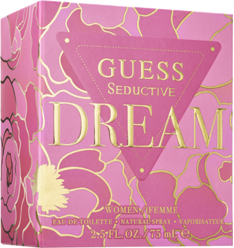 Różowe pudełko Guess Seductive Dream Eau de Toilette 75ml z kwiatowym wzorem i złotym napisem, widok z przodu i boku.