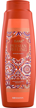 Isana Persian Feeling Płyn do kąpieli w pomarańczowej butelce z orientalnym wzorem, widok z przodu.