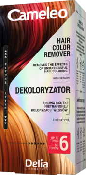 Cameleo Dekoloryzator do włosów, usuwa do 6 tonów, z keratyną, opakowanie z rudymi włosami.