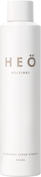 Biała butelka lakieru do włosów Heö Helsinki Hairspray Super Strong 300ml, widok z przodu, brązowe napisy.