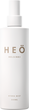 Biała butelka mgiełki do włosów Heö Helsinki Hydra Mist 250ml, widok z przodu, brązowe logo.