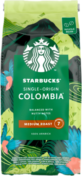Starbucks Single-Origin Colombia kawa ziarnista, zielona paczka z górskim motywem i ptakami, średnio palona (7), nuty orzechowe.