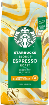 Kawa ziarnista Starbucks Blonde Espresso Roast, 100% Arabica. Zielono-złota torebka z przodu, delikatny stopień wypalenia 6.