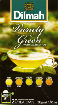 Front view of Dilmah Variety of Green Tea box, 5 types: Pure, Moroccan, Sencha, Lemongrass, Jasmine.