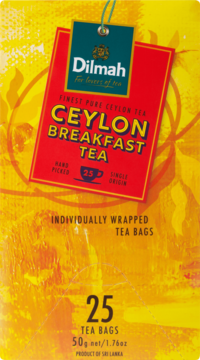 Żółte opakowanie Dilmah Ceylon Breakfast Tea, 25 torebek, z dużą czerwoną etykietą, widok z przodu.