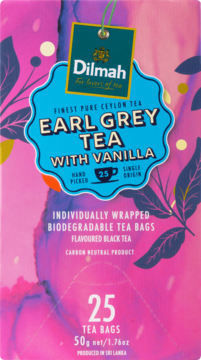 Cejlońska herbata Dilmah Earl Grey z wanilią, 25 biodegradowalnych torebek, opakowanie z przodu, intensywne barwy.