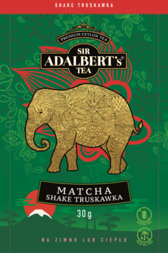 Adalbert's Tea Matcha Shake Truskawka, zielona etykieta premium ze złotym, zdobionym słoniem. Bezglutenowy shake, 30g, na ciepło lub zimno.