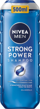 Niebieska butelka NIVEA MEN Strong Power Shampoo 500ml, widok z przodu. Wzmacnia włosy minerałami morskimi.