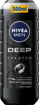 Nivea Men Deep Shampoo 500ml z czarnym węglem, czarna butelka z teksturowanymi bokami, widok z przodu.