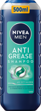 Męski szampon NIVEA MEN Anti Grease 500ml, niebieska butelka, zielona etykieta, pH optimized, widok z przodu.
