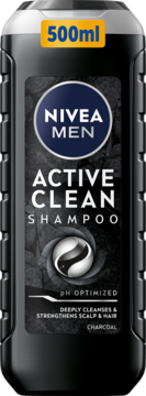 NIVEA MEN Active Clean Szampon z węglem drzewnym 500ml, czarna, fakturowana butelka, widok z przodu.