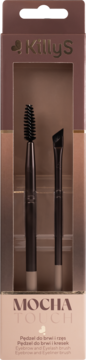 Killys Mocha Touch eyebrow and eyelash brush set in a brown box, featuring a spoolie and angled brush.