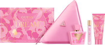 Zestaw prezentowy Guess Seductive Dream w różowym pudełku, z perfumami, rollerball, balsamem i kosmetyczką.