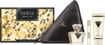 Zestaw Guess Seductive Red: perfumy, miniatura, balsam i czarna kosmetyczka na tle leopardziego pudełka.