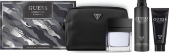 Zestaw Guess Seductive Homme męski: pudełko moro, czarna kosmetyczka, woda toaletowa, dezodorant i żel.