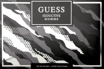 Męski zestaw Guess Seductive Homme, eleganckie czarno-szare pudełko z logo i wzorem moro, z góry.