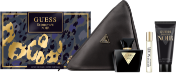 Zestaw Guess Seductive Noir: czarna kosmetyczka, perfumy, rollerball, balsam. Pudełko z leopardzim wzorem.