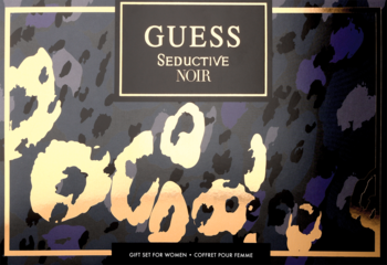 Zestaw Guess Seductive Noir dla kobiet w czarnym pudełku ze złotym napisem i fioletowo-złotym wzorem leopard.