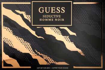 Zestaw Guess Seductive Homme Noir dla mężczyzn, czarno-złote pudełko z abstrakcyjnym wzorem, widok frontalny.