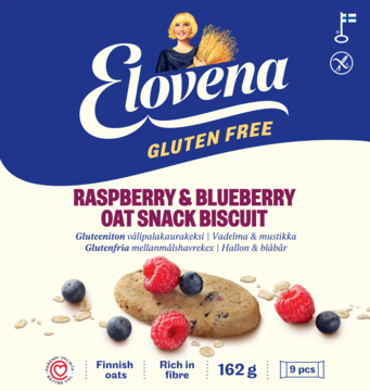 Frontowe ujęcie biało-niebieskiego opakowania Elovena Gluten Free Raspberry & Blueberry Oat Snack Biscuit, z ciastkami owsianymi, malinami i borówkami.